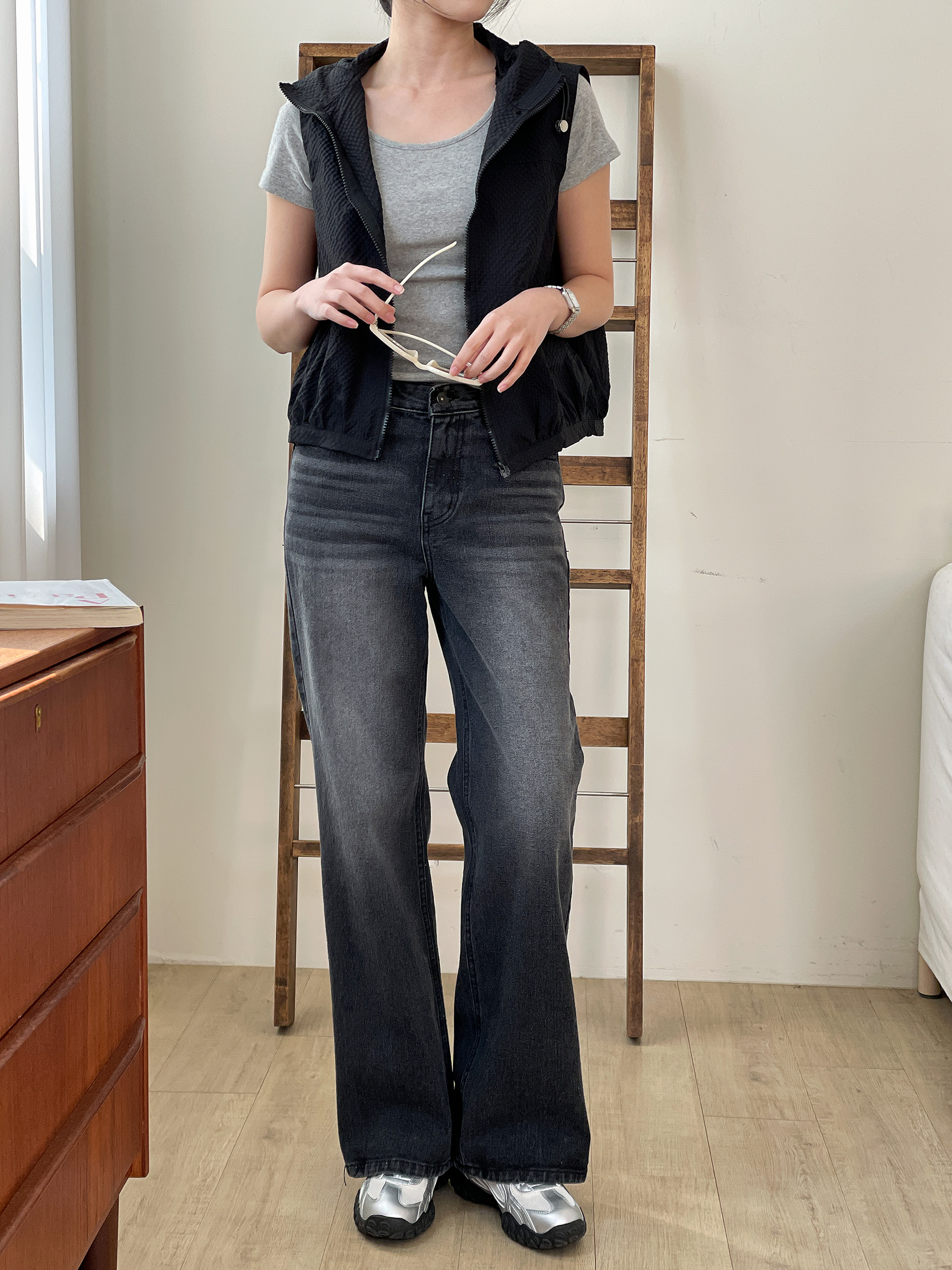 ジップアップフードポケットドローコードルーズエンボスジャンパーベスト | 詳細画像2