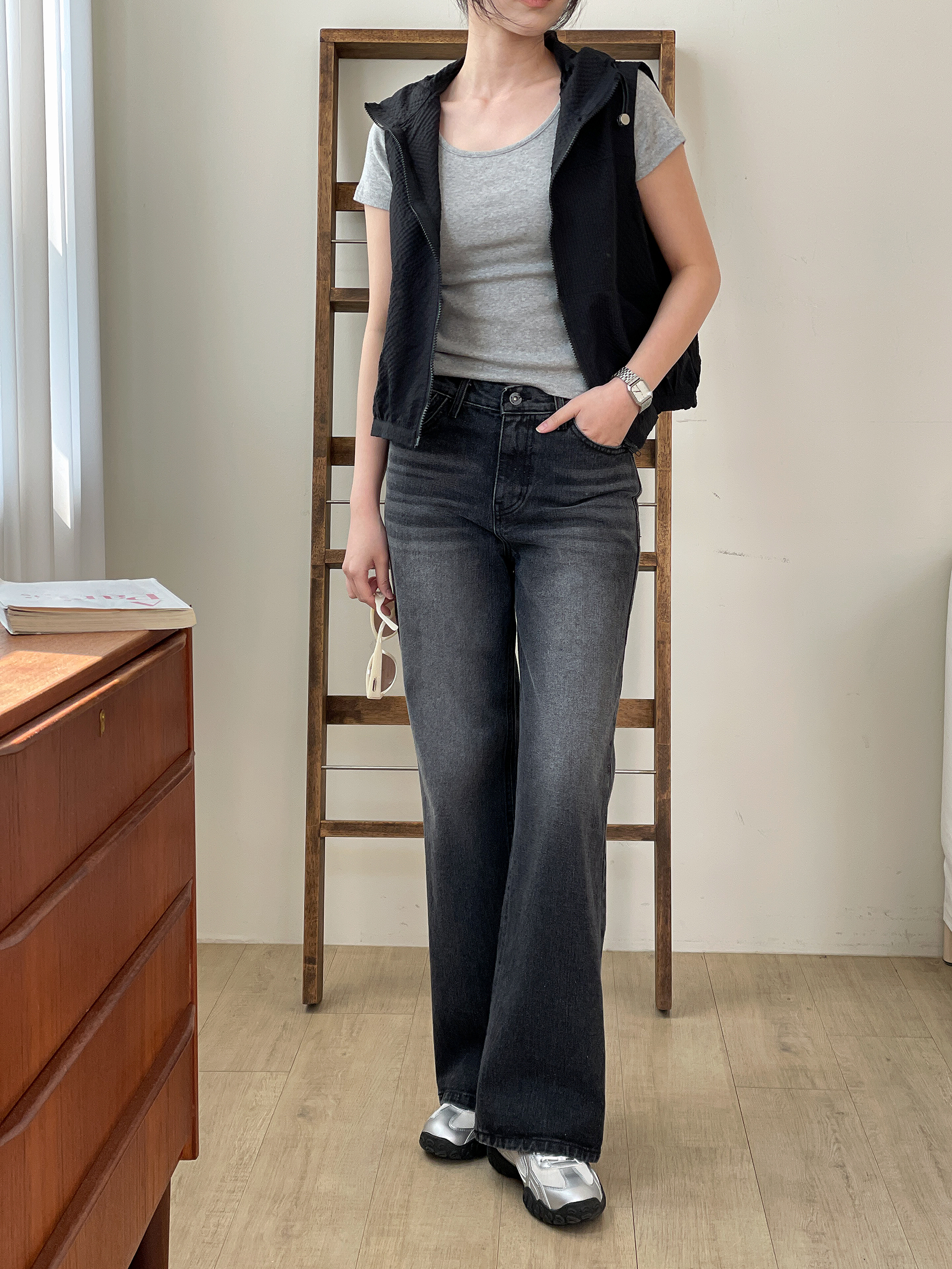 ジップアップフードポケットドローコードルーズエンボスジャンパーベスト | 詳細画像3