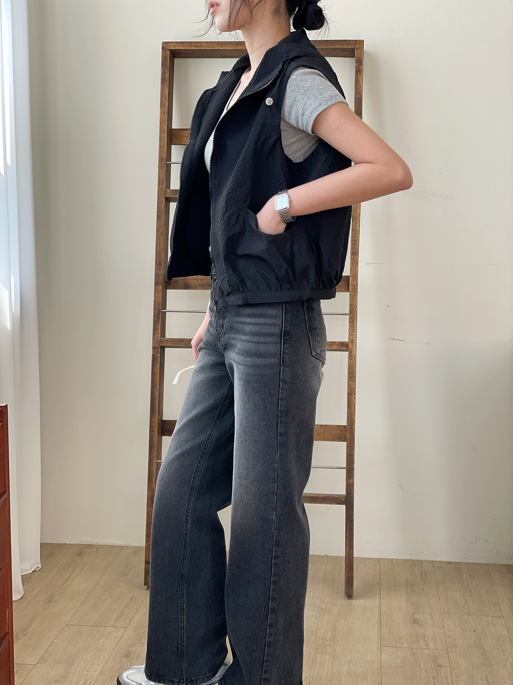 ジップアップフードポケットドローコードルーズエンボスジャンパーベスト | 詳細画像6