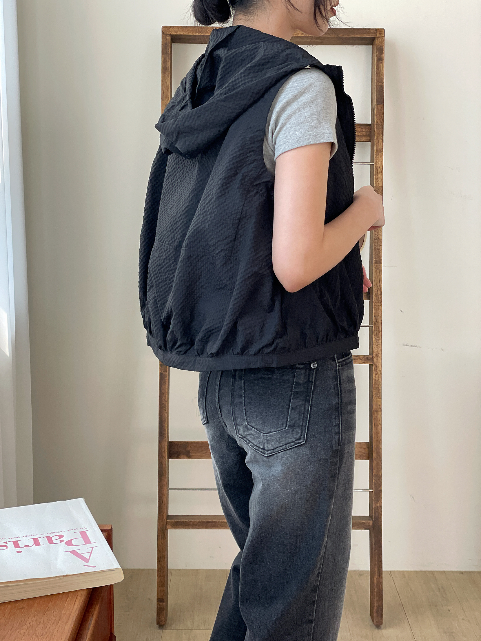 ジップアップフードポケットドローコードルーズエンボスジャンパーベスト | 詳細画像7