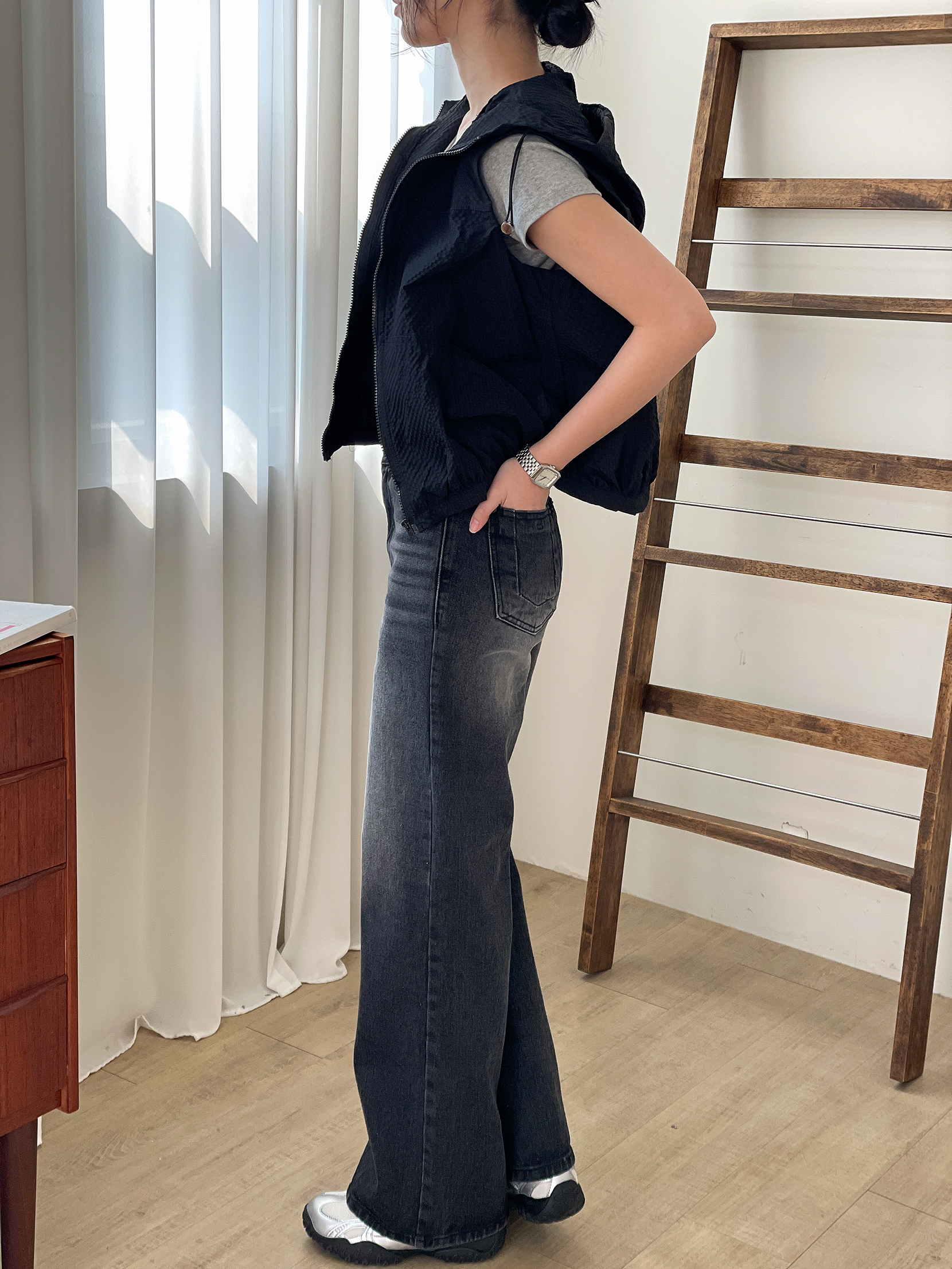 ジップアップフードポケットドローコードルーズエンボスジャンパーベスト | 詳細画像9