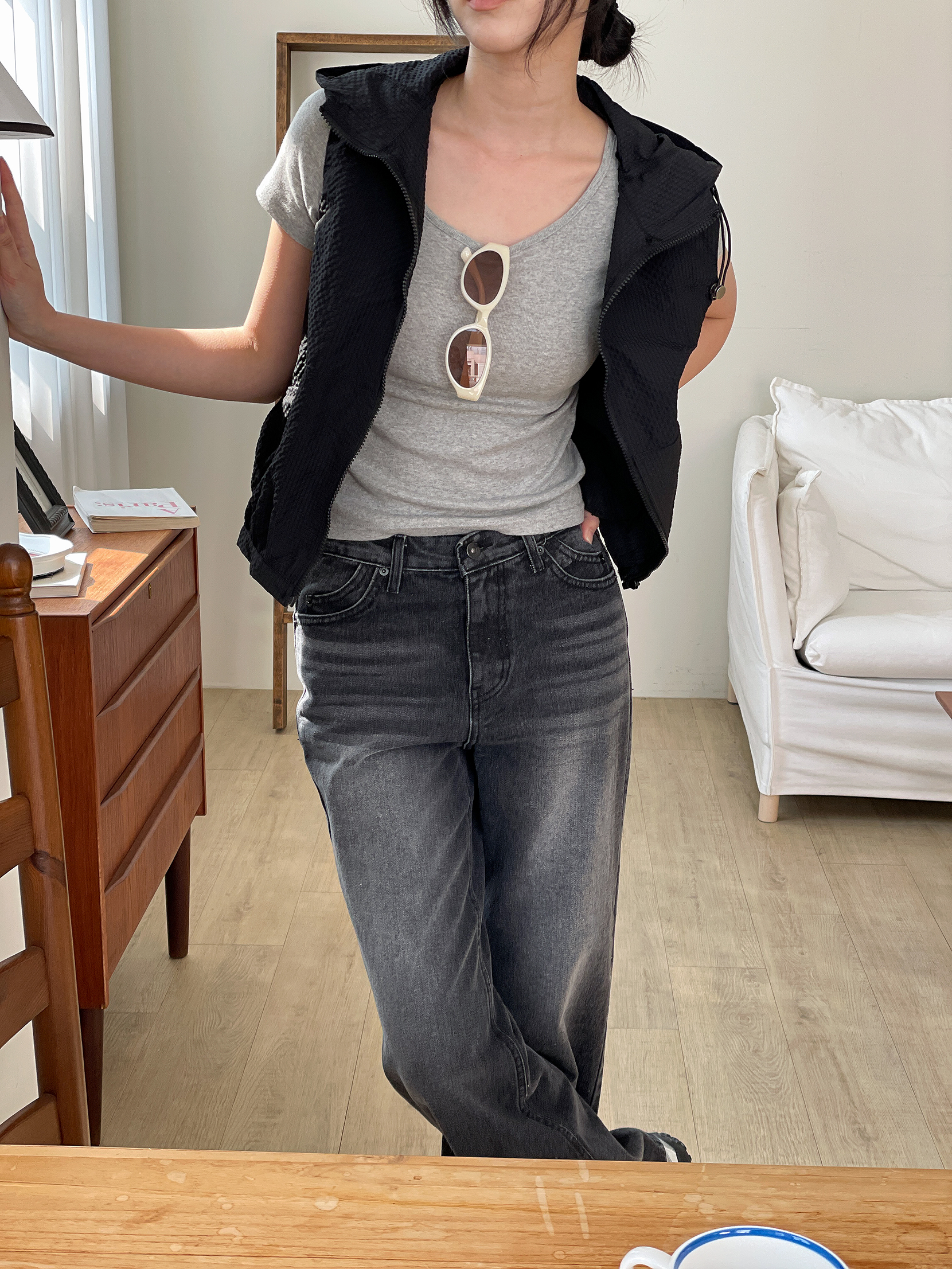 ジップアップフードポケットドローコードルーズエンボスジャンパーベスト | 詳細画像12