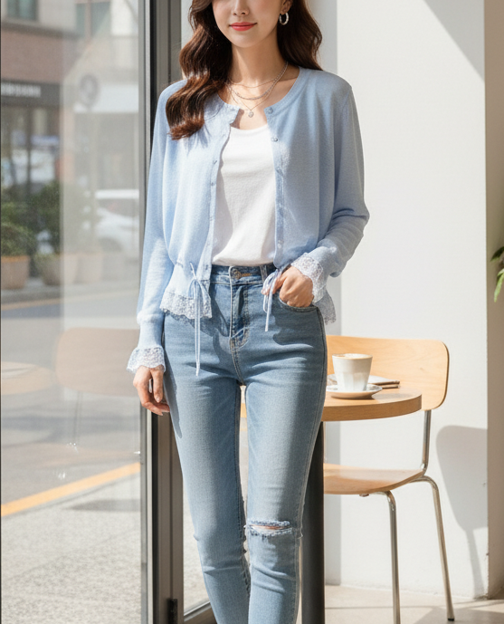 ボタンラウンドネックドローストリング長袖レースカーディガン | 詳細画像4