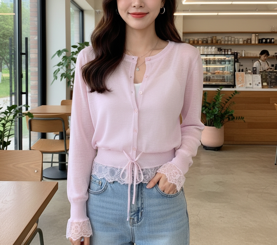 ボタンラウンドネックドローストリング長袖レースカーディガン | 詳細画像6