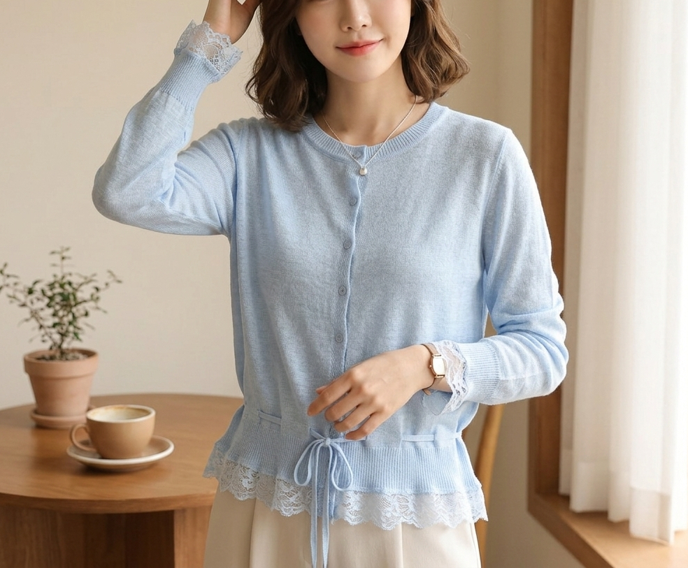 ボタンラウンドネックドローストリング長袖レースカーディガン | 詳細画像5