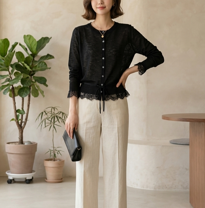 ボタンラウンドネックドローストリング長袖レースカーディガン | 詳細画像3