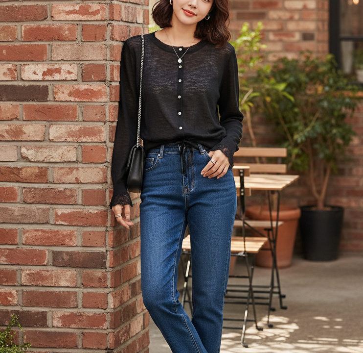 ボタンラウンドネックドローストリング長袖レースカーディガン | 詳細画像2