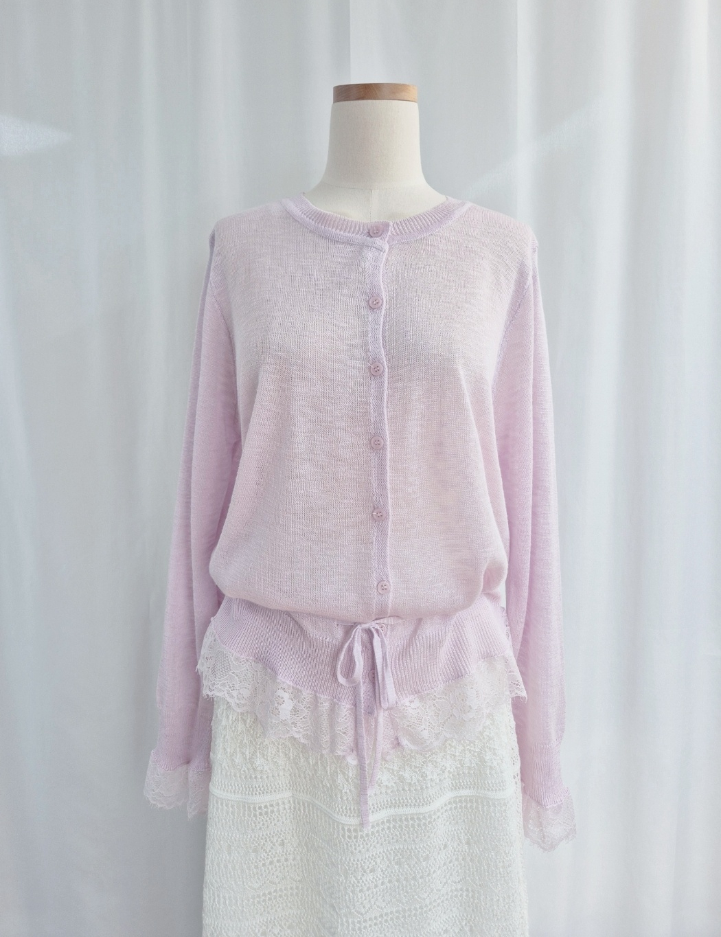 ボタンラウンドネックドローストリング長袖レースカーディガン | 詳細画像12