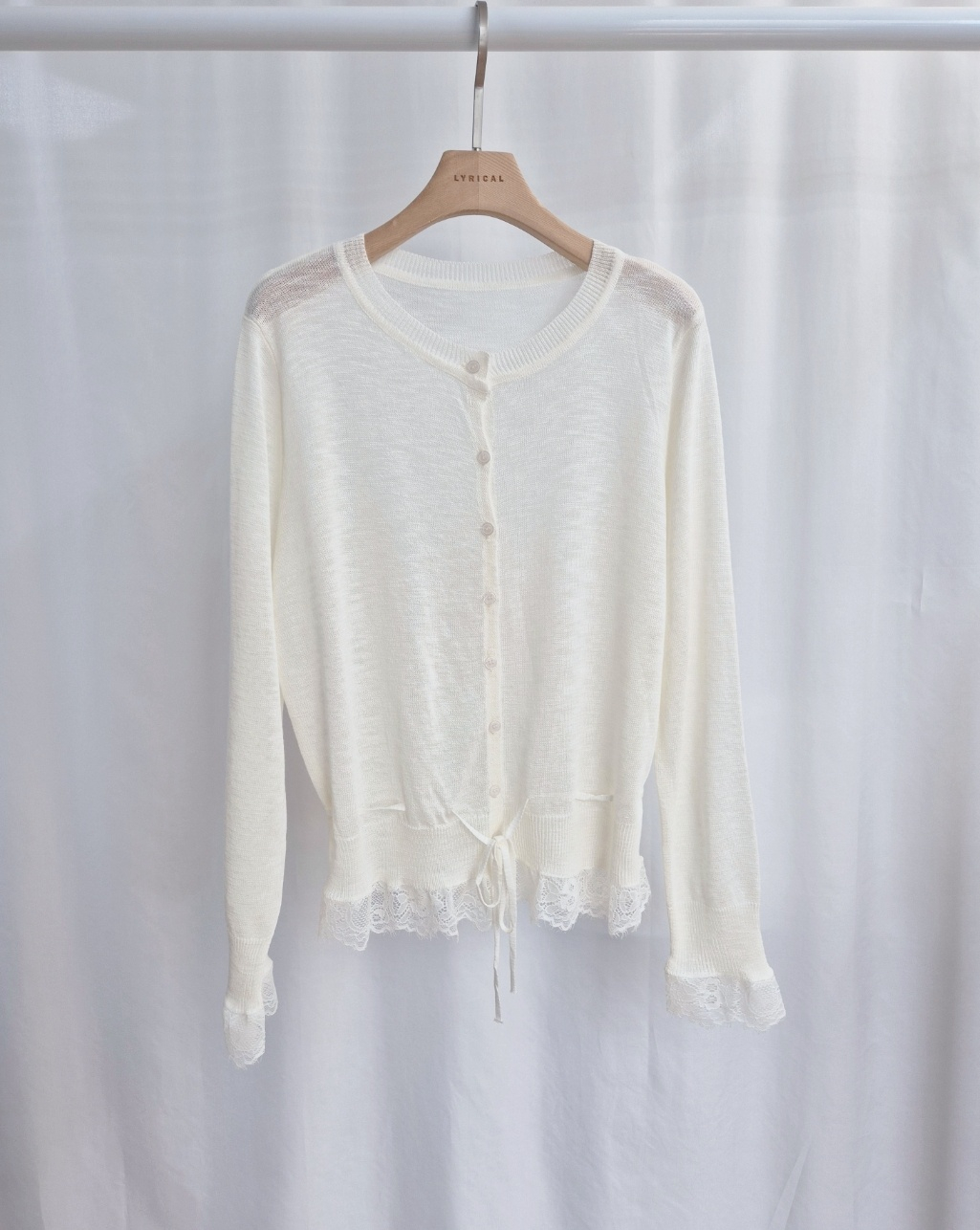 ボタンラウンドネックドローストリング長袖レースカーディガン | 詳細画像9