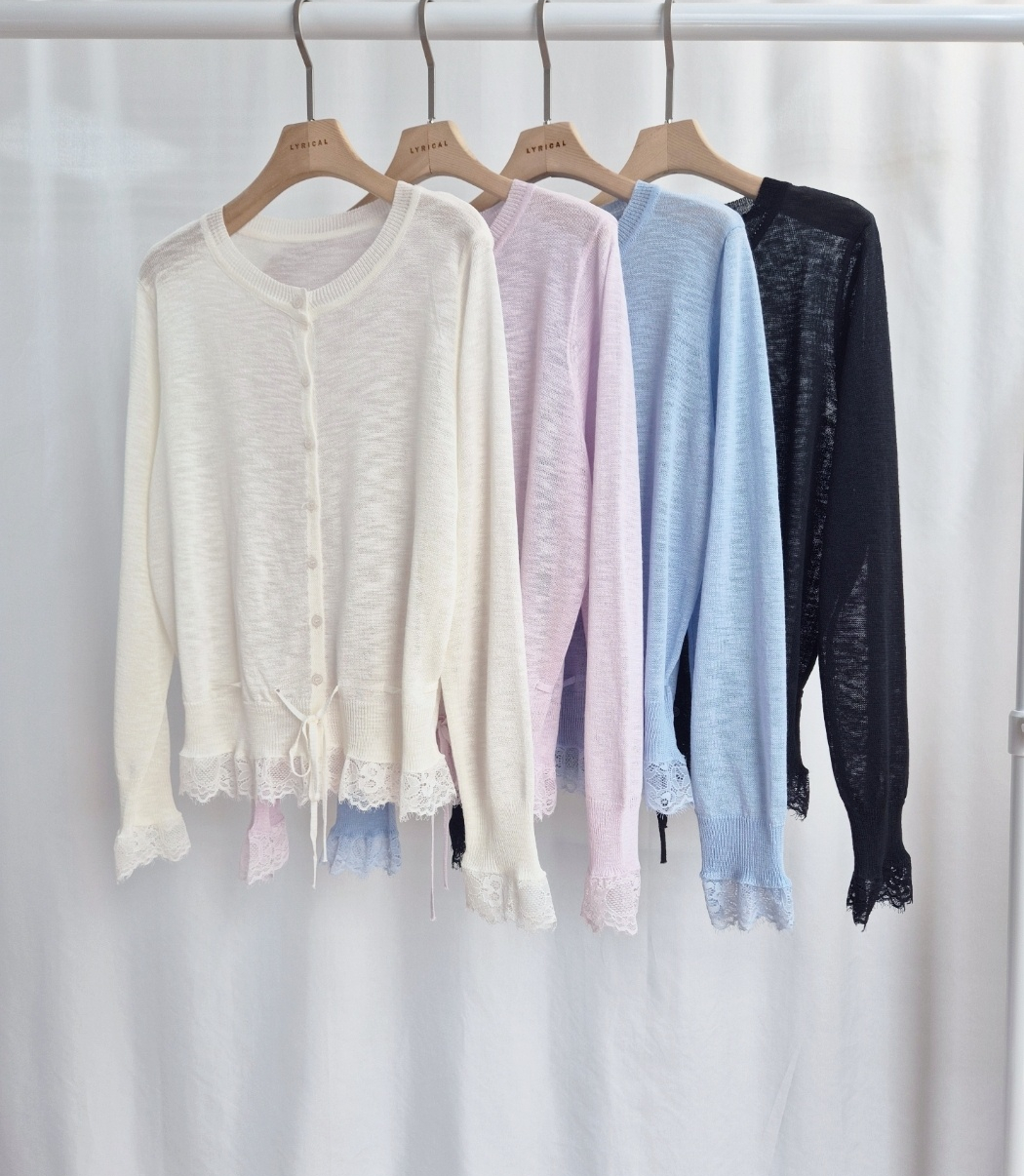 ボタンラウンドネックドローストリング長袖レースカーディガン | 詳細画像7