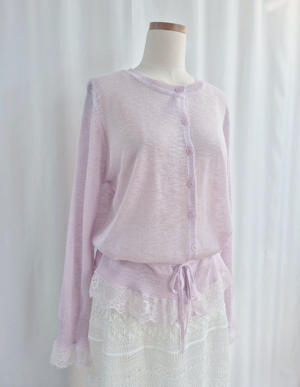 ボタンラウンドネックドローストリング長袖レースカーディガン | 詳細画像13