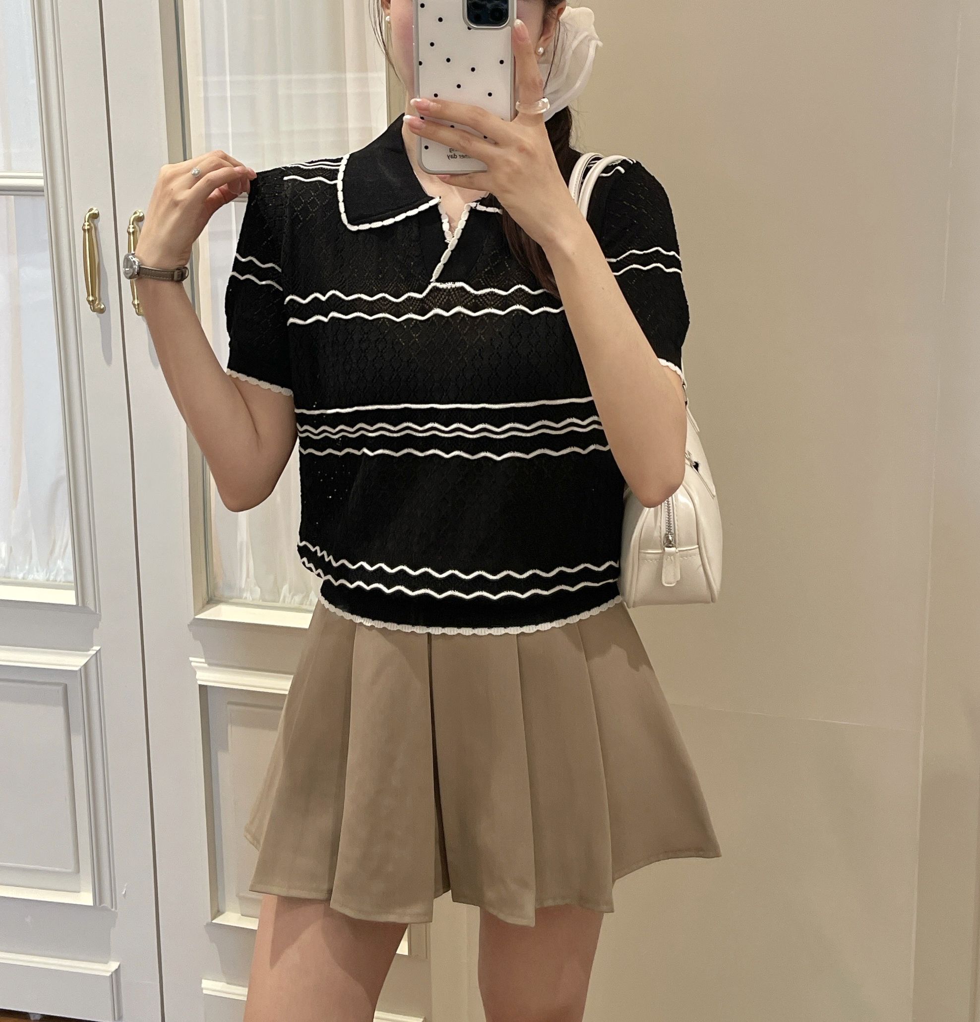 オープンカラーパフスリーブルーズ半袖配色ラインニット | 詳細画像3