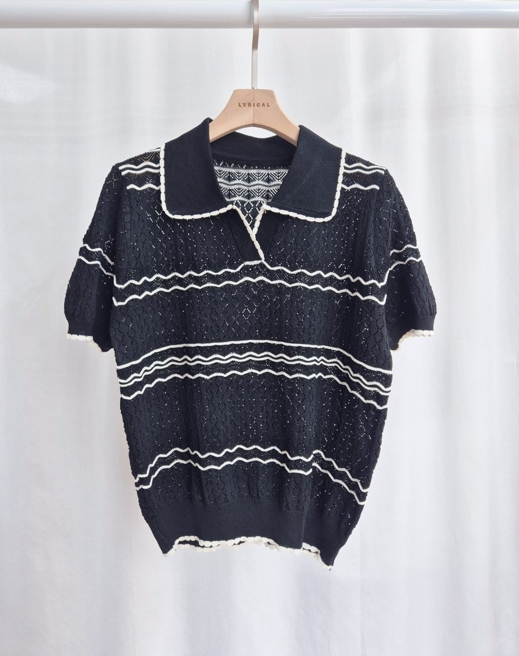 オープンカラーパフスリーブルーズ半袖配色ラインニット | 詳細画像11