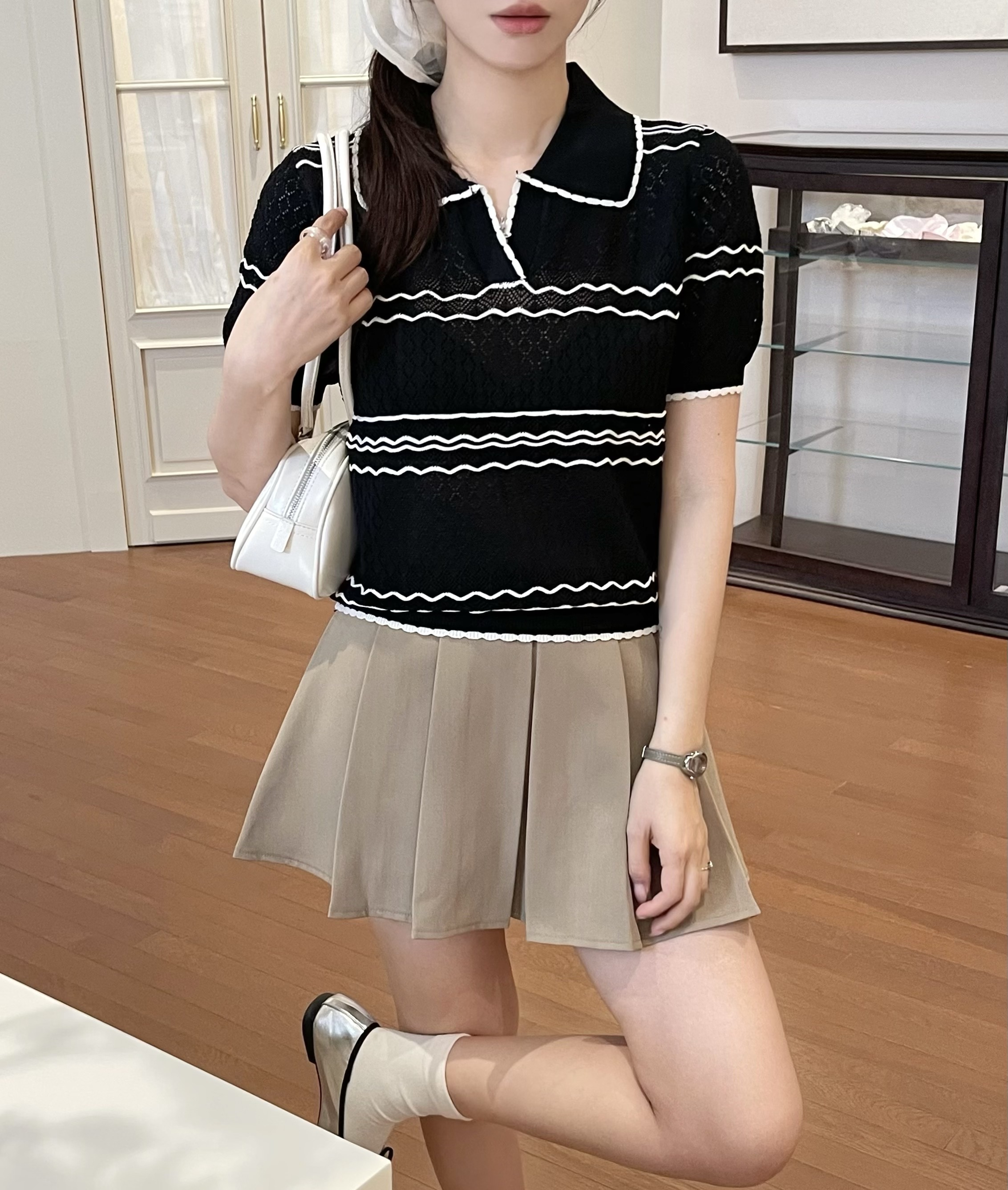 オープンカラーパフスリーブルーズ半袖配色ラインニット | 詳細画像2