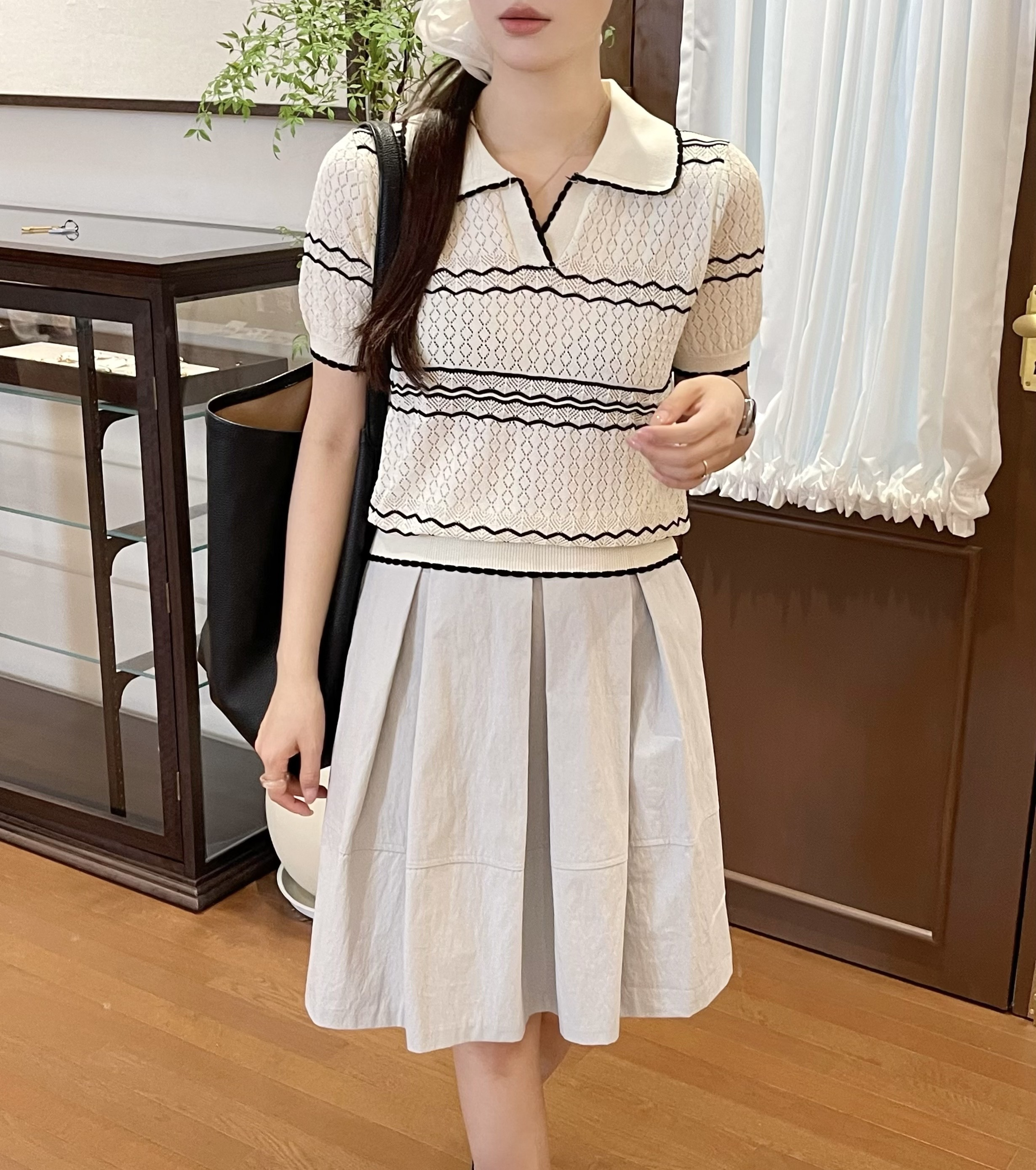 オープンカラーパフスリーブルーズ半袖配色ラインニット | 詳細画像6