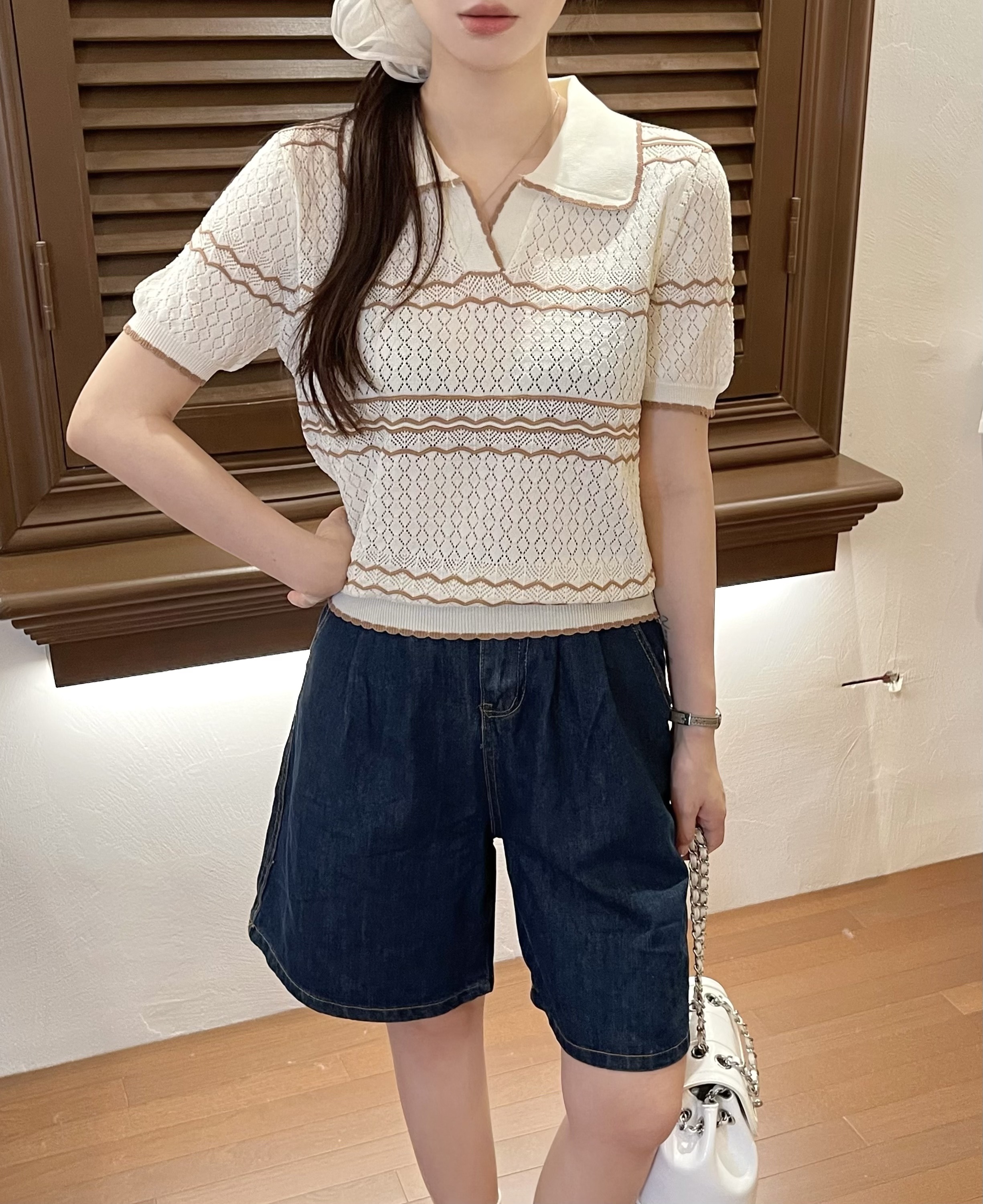 オープンカラーパフスリーブルーズ半袖配色ラインニット | 詳細画像5