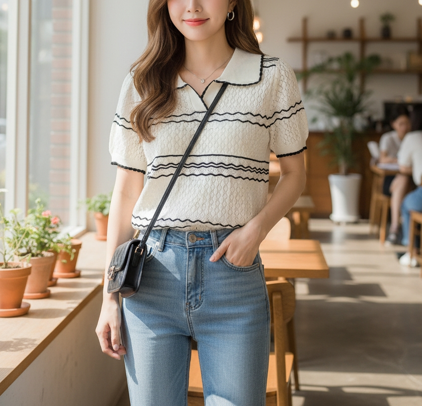 オープンカラーパフスリーブルーズ半袖配色ラインニット | 詳細画像4