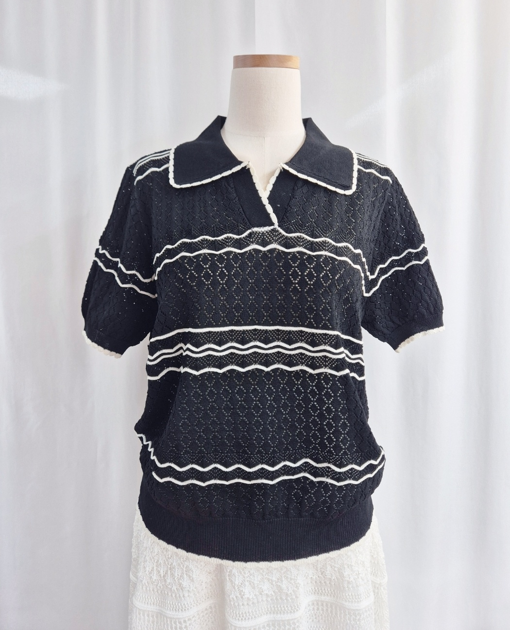 オープンカラーパフスリーブルーズ半袖配色ラインニット | 詳細画像8