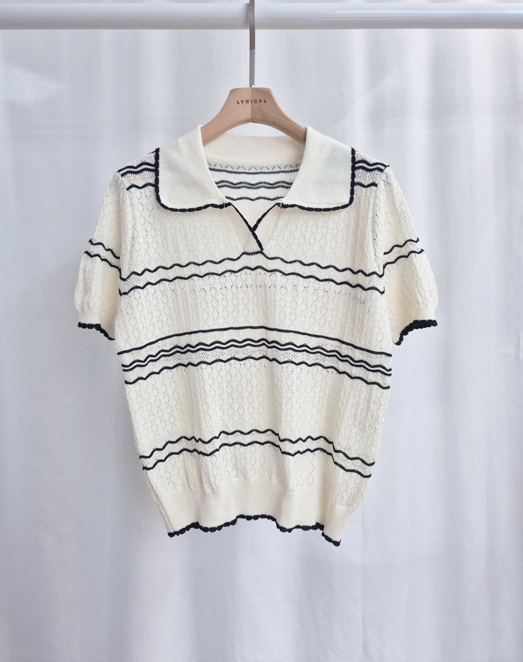 オープンカラーパフスリーブルーズ半袖配色ラインニット | 詳細画像9