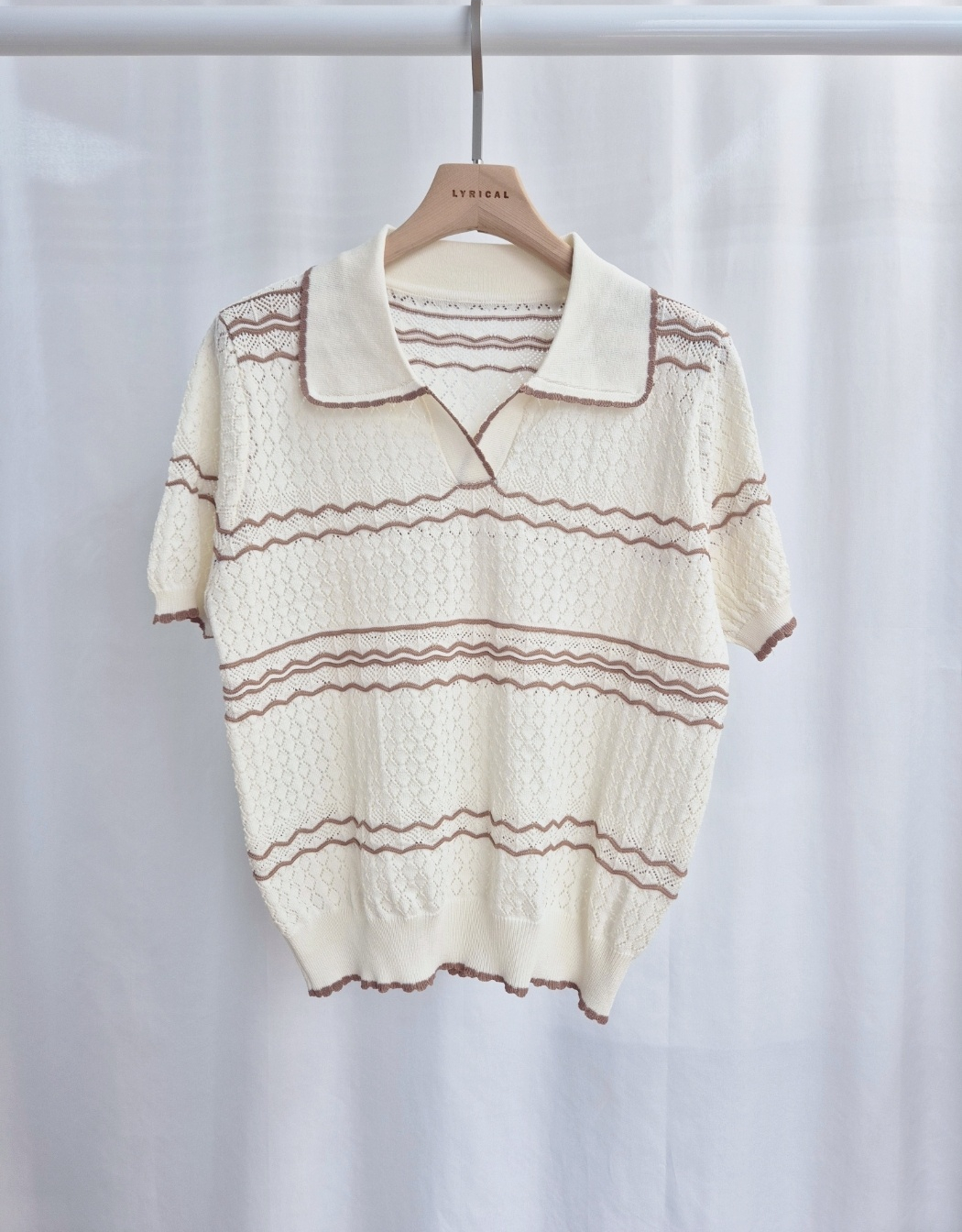 オープンカラーパフスリーブルーズ半袖配色ラインニット | 詳細画像10