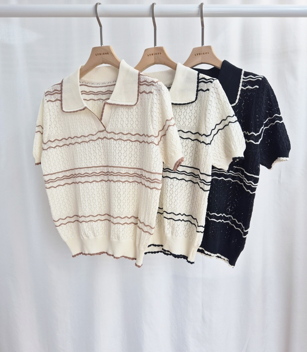 オープンカラーパフスリーブルーズ半袖配色ラインニット | 詳細画像7