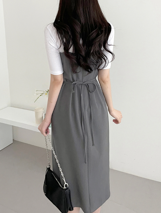 ジップアップストラップスリットラインアンバランスHライン(ロング丈)無地キャミワンピース | 詳細画像4