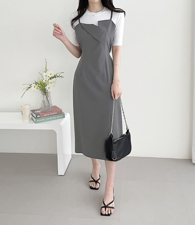 ジップアップストラップスリットラインアンバランスHライン(ロング丈)無地キャミワンピース | 詳細画像3