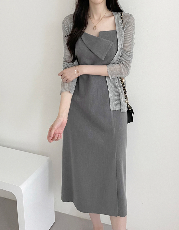 ジップアップストラップスリットラインアンバランスHライン(ロング丈)無地キャミワンピース | 詳細画像5