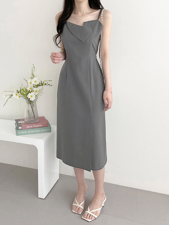 ジップアップストラップスリットラインアンバランスHライン(ロング丈)無地キャミワンピース | 詳細画像8