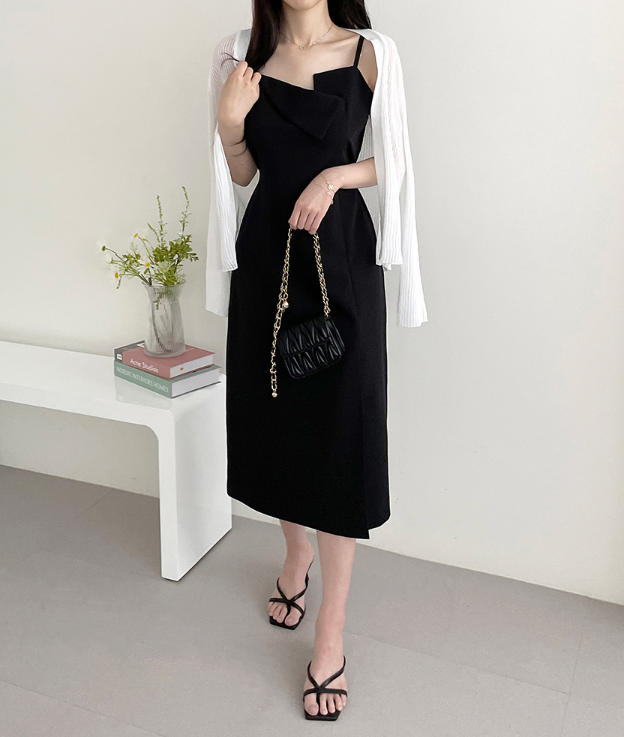 ジップアップストラップスリットラインアンバランスHライン(ロング丈)無地キャミワンピース | 詳細画像11