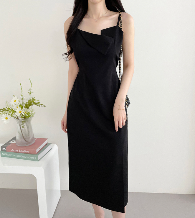 ジップアップストラップスリットラインアンバランスHライン(ロング丈)無地キャミワンピース | 詳細画像13