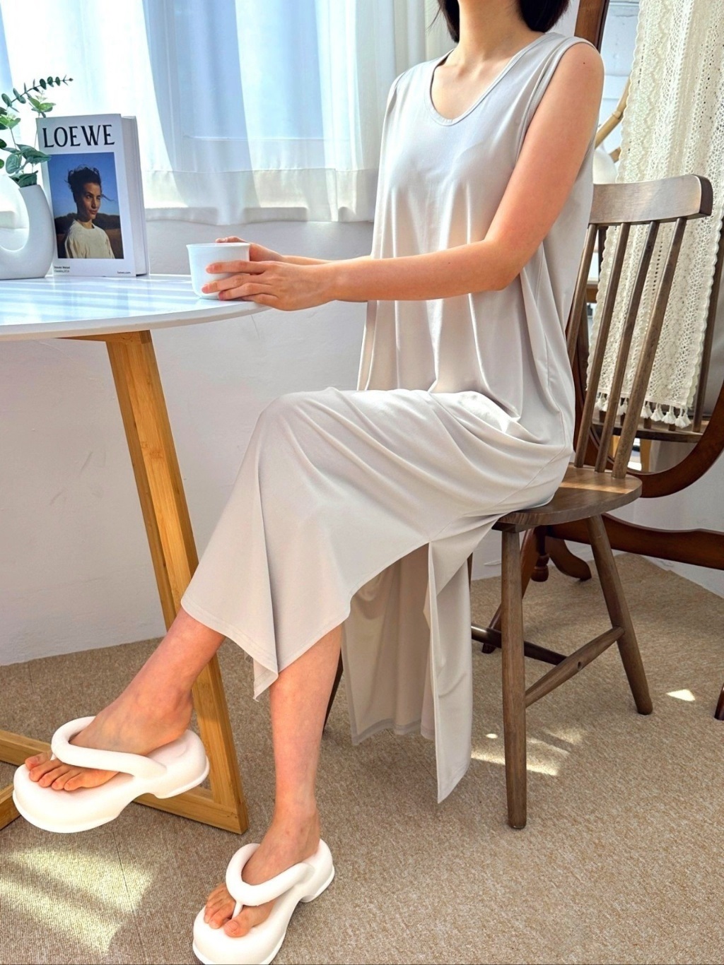 VネックスリットマキシHライン(ロング丈)無地ワンピースノースリワンピース | 詳細画像8