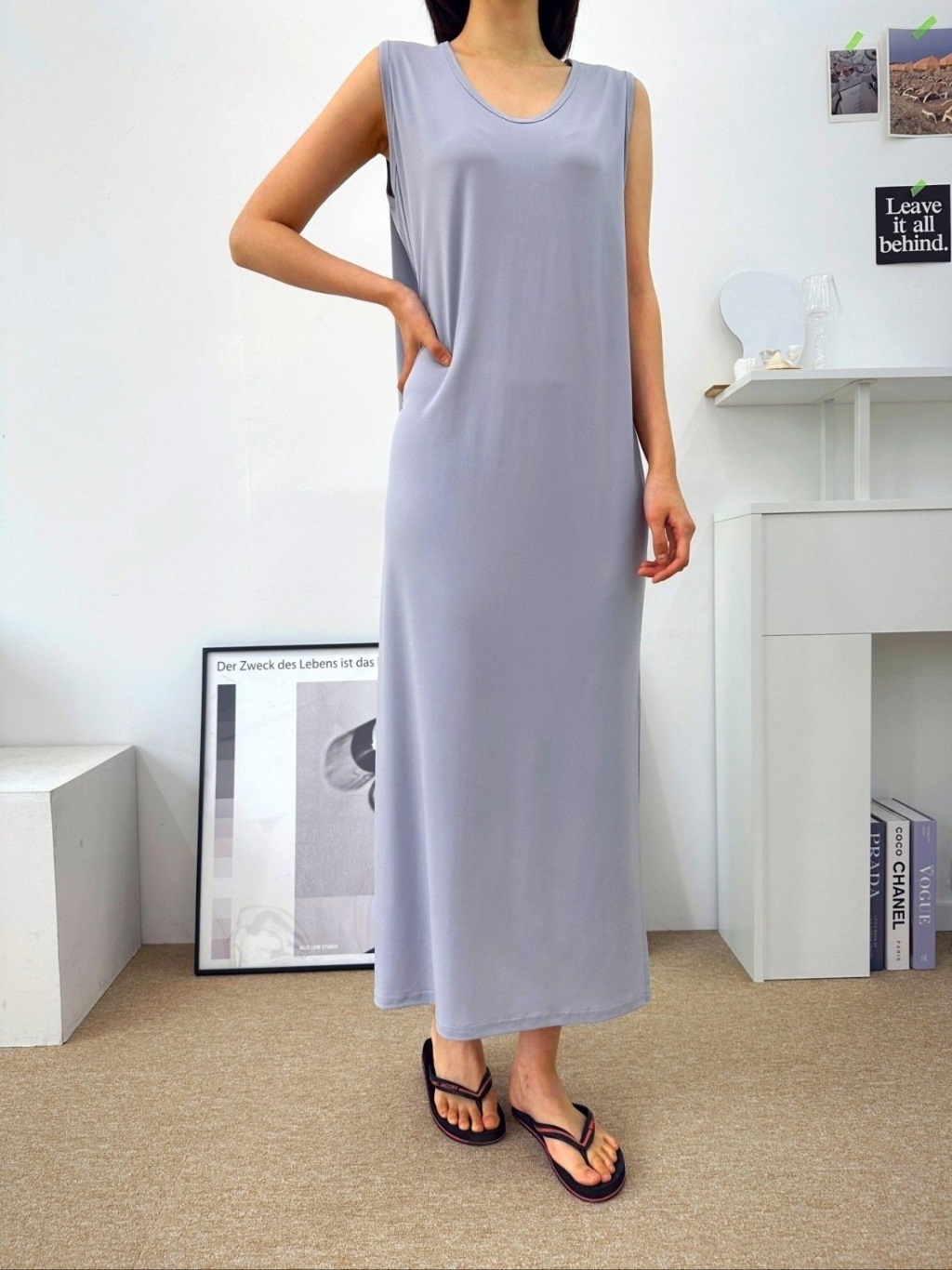 VネックスリットマキシHライン(ロング丈)無地ワンピースノースリワンピース | 詳細画像11