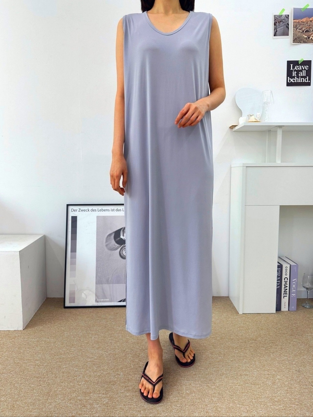 VネックスリットマキシHライン(ロング丈)無地ワンピースノースリワンピース | 詳細画像12