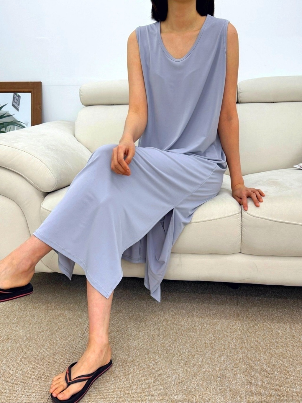 VネックスリットマキシHライン(ロング丈)無地ワンピースノースリワンピース | 詳細画像15