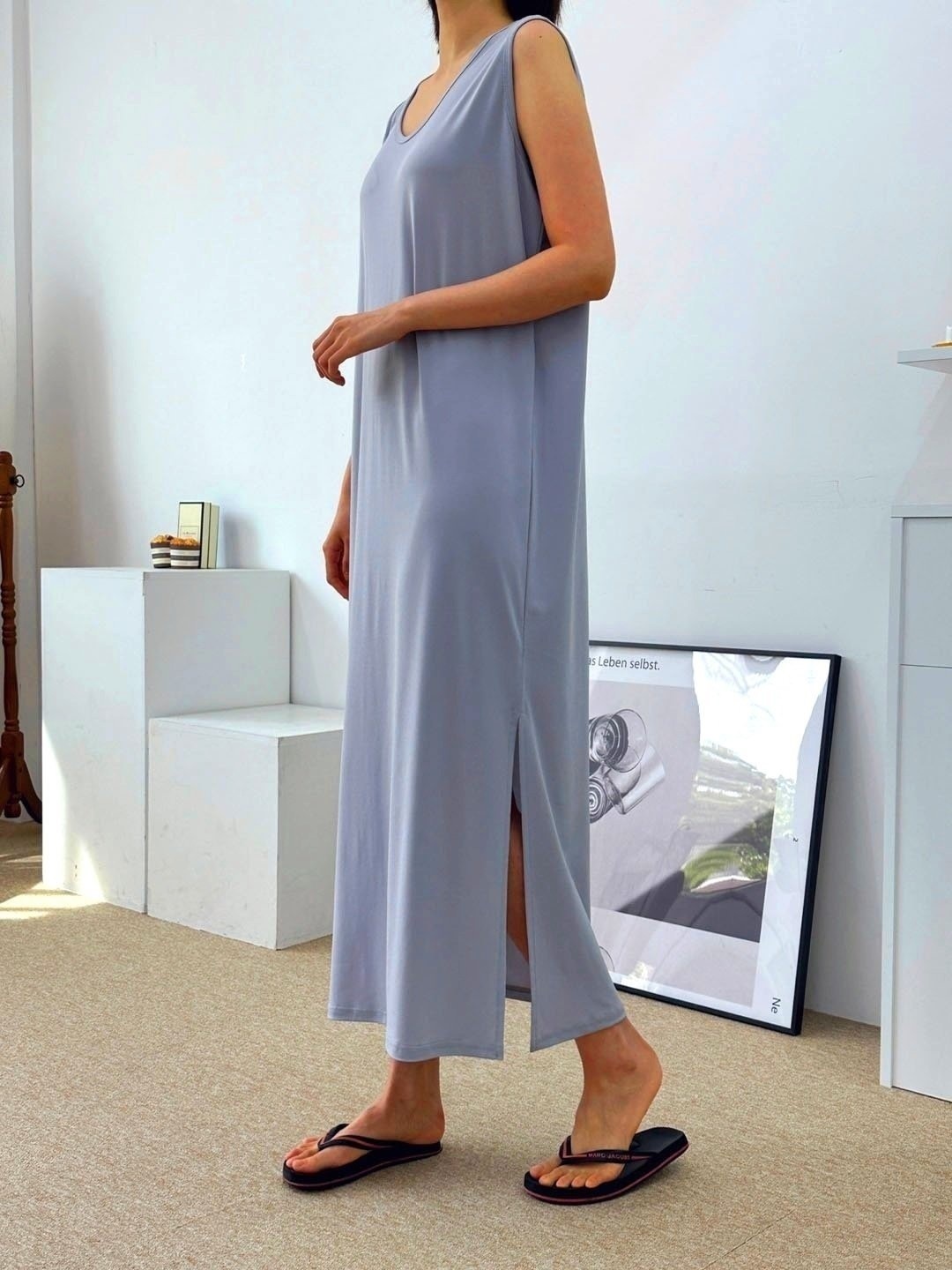 VネックスリットマキシHライン(ロング丈)無地ワンピースノースリワンピース | 詳細画像17