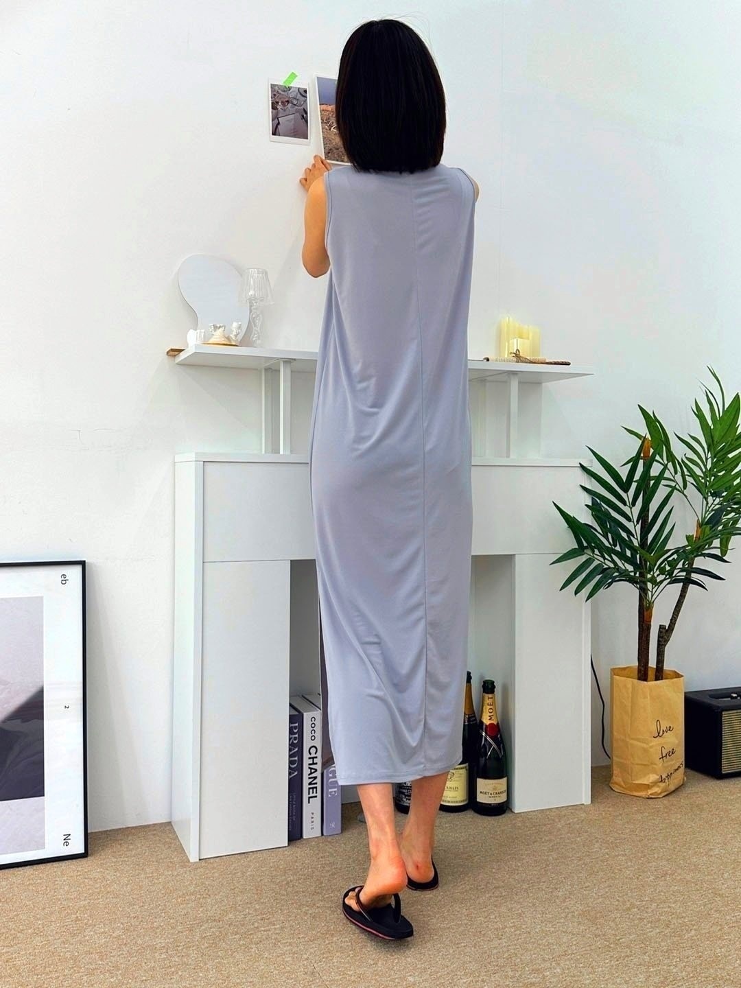 VネックスリットマキシHライン(ロング丈)無地ワンピースノースリワンピース | 詳細画像18