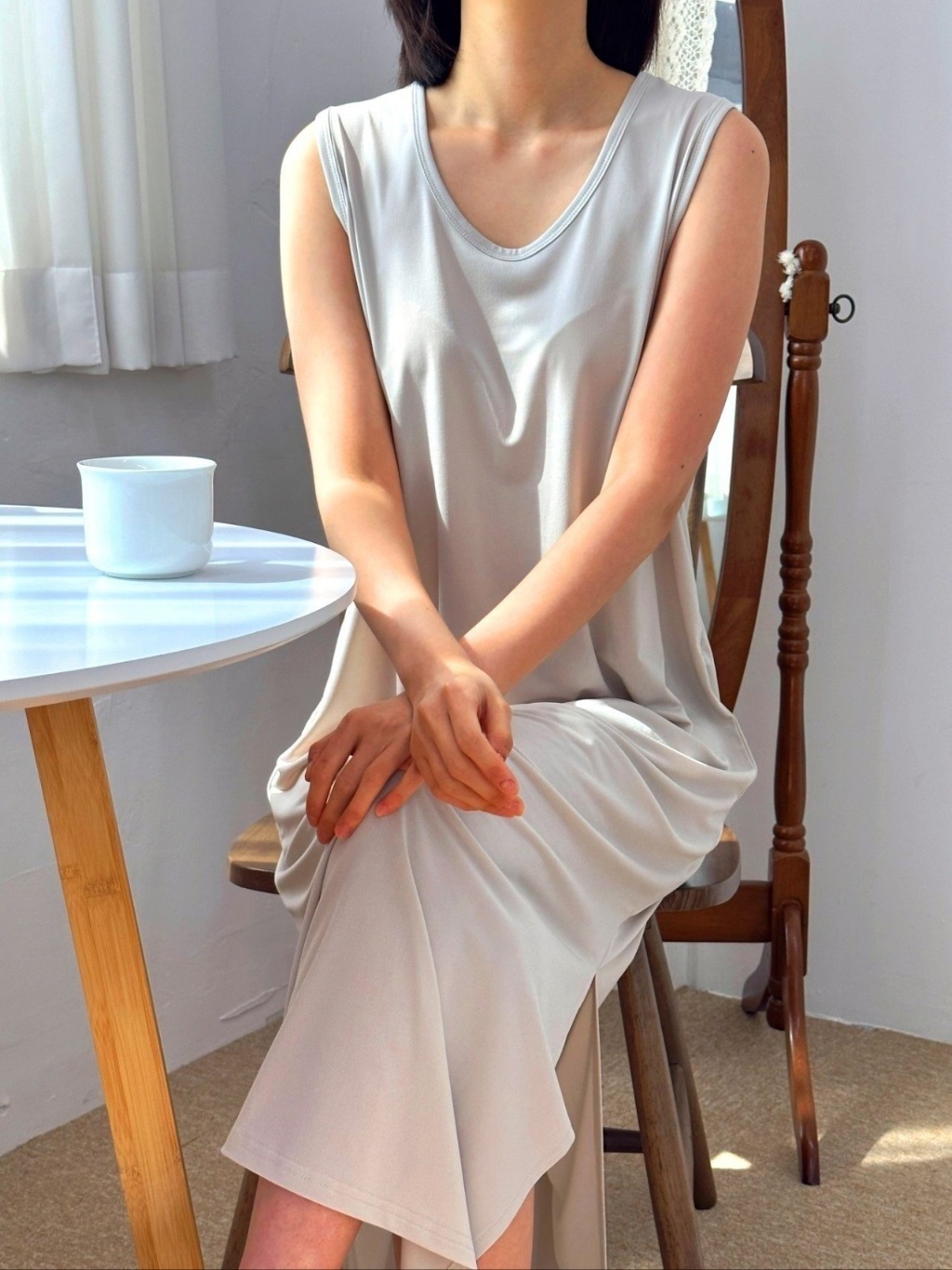 VネックスリットマキシHライン(ロング丈)無地ワンピースノースリワンピース | 詳細画像7