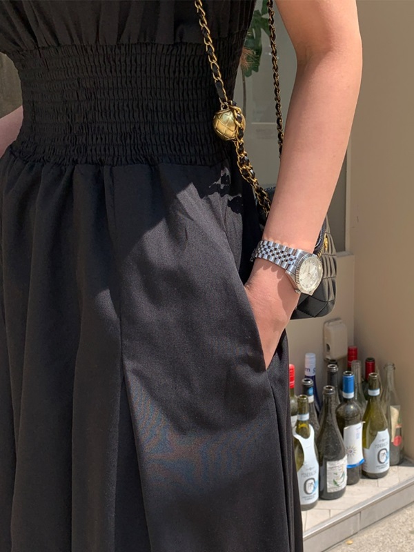 ラウンドネックシャーリングウエストゴムパフスリーブロング半袖フレアAライン無地ワンピース | 詳細画像6