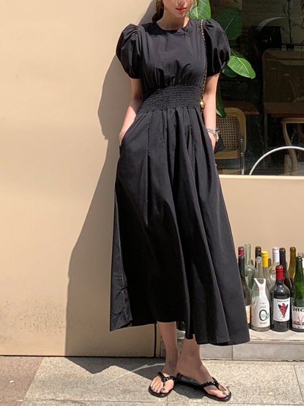 ラウンドネックシャーリングウエストゴムパフスリーブロング半袖フレアAライン無地ワンピース | 詳細画像7