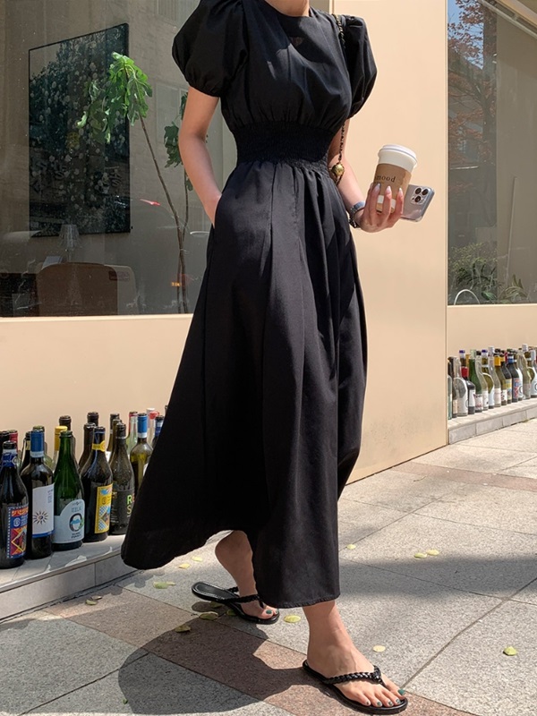 ラウンドネックシャーリングウエストゴムパフスリーブロング半袖フレアAライン無地ワンピース | 詳細画像8