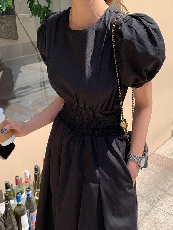 ラウンドネックシャーリングウエストゴムパフスリーブロング半袖フレアAライン無地ワンピース | 詳細画像9