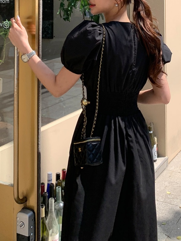 ラウンドネックシャーリングウエストゴムパフスリーブロング半袖フレアAライン無地ワンピース | 詳細画像10