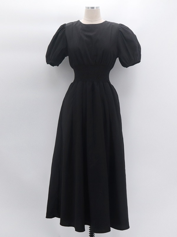 ラウンドネックシャーリングウエストゴムパフスリーブロング半袖フレアAライン無地ワンピース | 詳細画像12