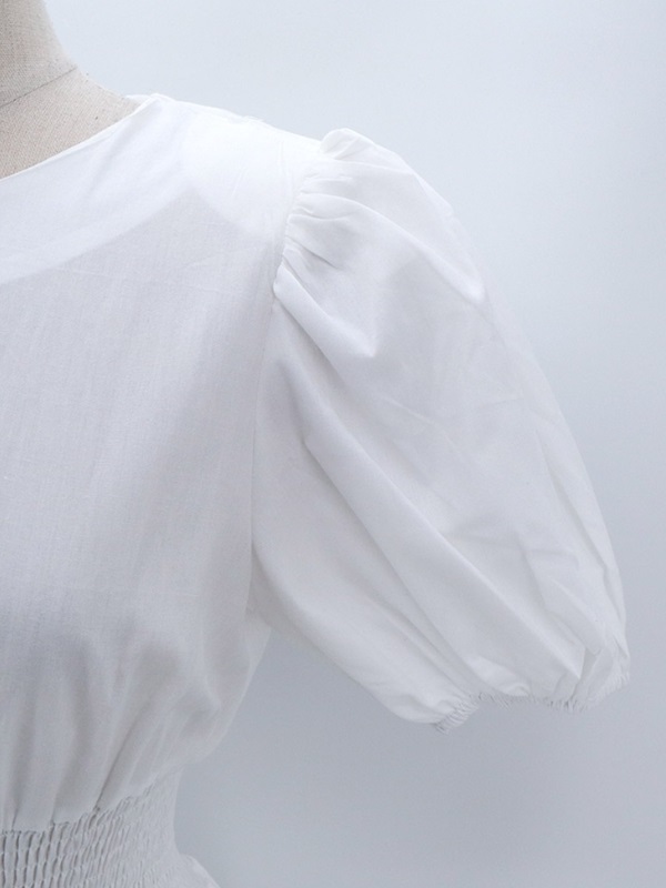 ラウンドネックシャーリングウエストゴムパフスリーブロング半袖フレアAライン無地ワンピース | 詳細画像13