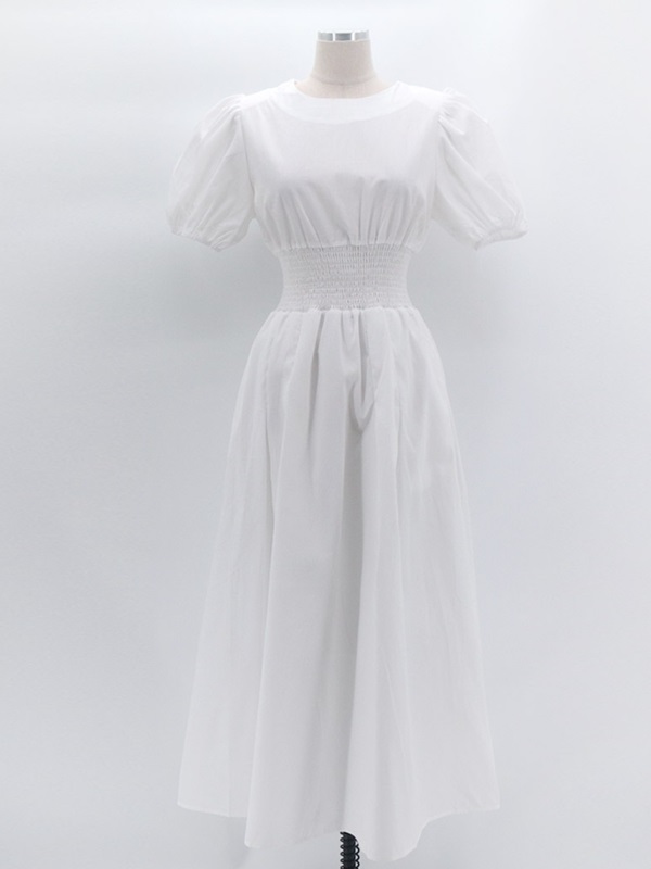 ラウンドネックシャーリングウエストゴムパフスリーブロング半袖フレアAライン無地ワンピース | 詳細画像14