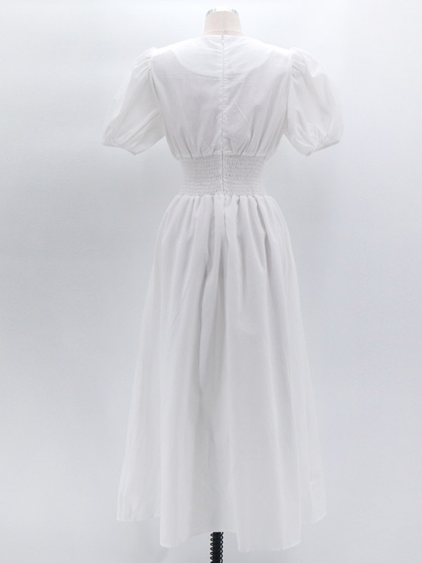 ラウンドネックシャーリングウエストゴムパフスリーブロング半袖フレアAライン無地ワンピース | 詳細画像15