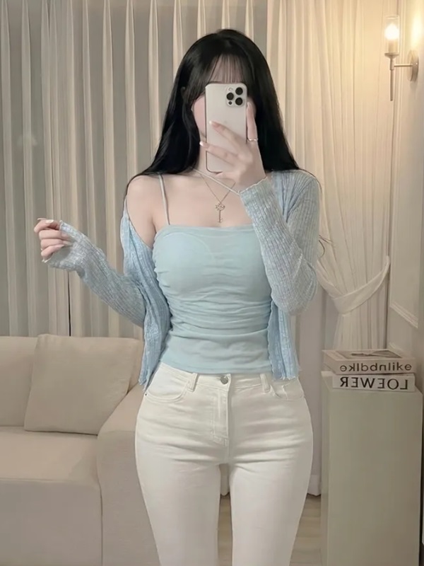 リブシフォンコンビスクエアネックVネックメロウクロップドスリム長袖ギャザー無地カーディガンキャミソールアンサンブル | 詳細画像3