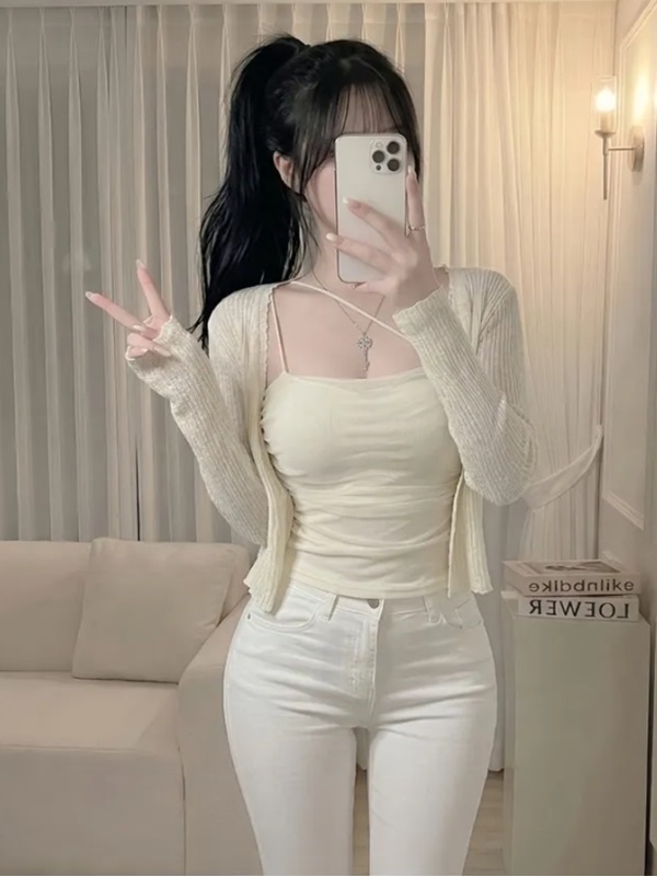 リブシフォンコンビスクエアネックVネックメロウクロップドスリム長袖ギャザー無地カーディガンキャミソールアンサンブル | 詳細画像5