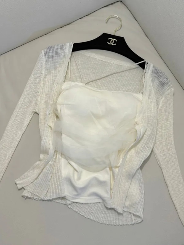 リブシフォンコンビスクエアネックVネックメロウクロップドスリム長袖ギャザー無地カーディガンキャミソールアンサンブル | 詳細画像8